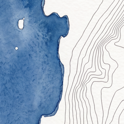 Derwent Water map poster close-up: the watercolour lake and the pen-drawn contour lines