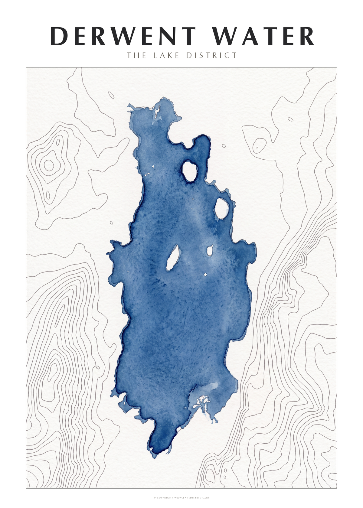 Derwent Water watercolour contour map poster, Lake District