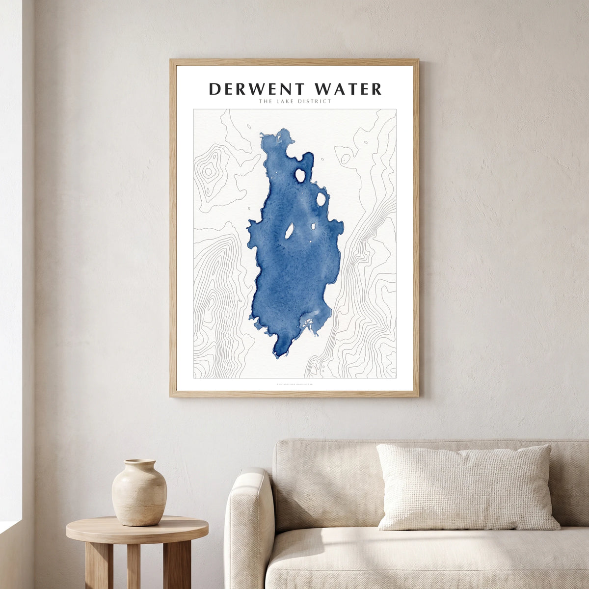 Derwent Water lake map poster in a natural frame, hanging in a living
