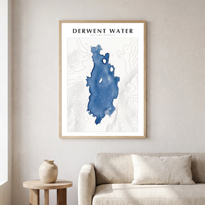 Derwent Water lake map poster in a natural frame, hanging in a living