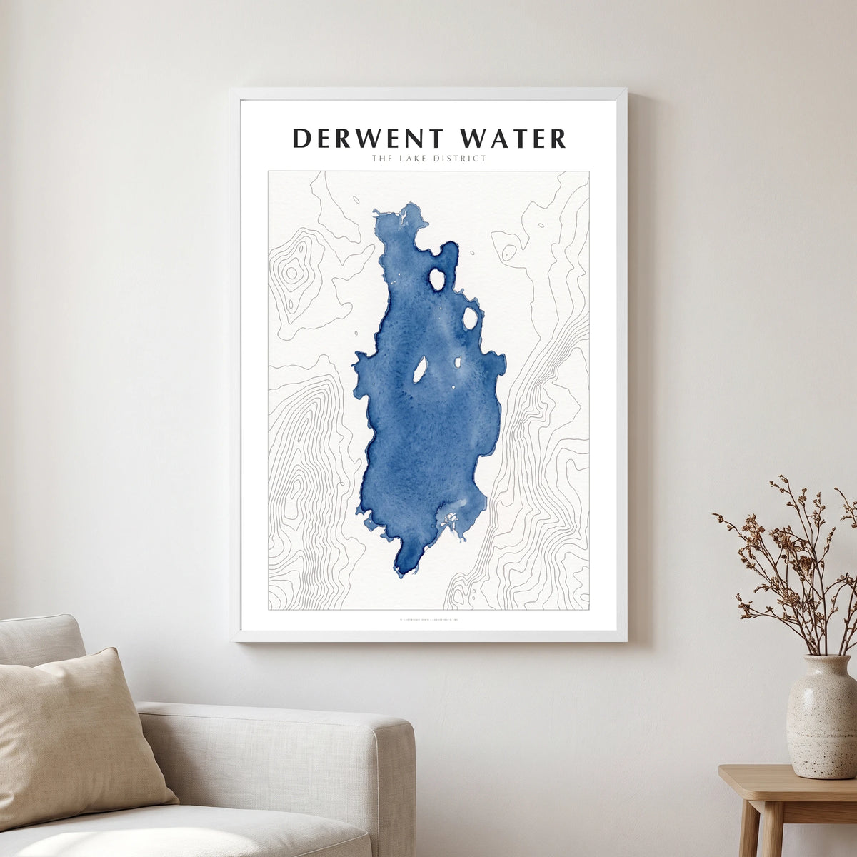 Derwent Water lake map poster in a white frame, hanging in a living
