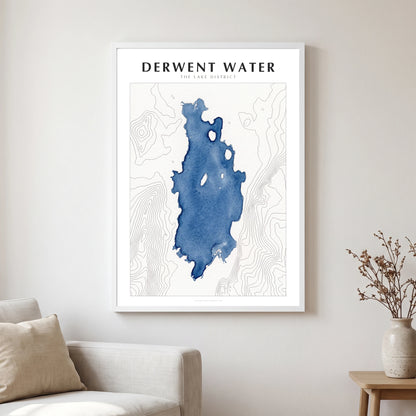 Derwent Water lake map poster in a white frame, hanging in a living