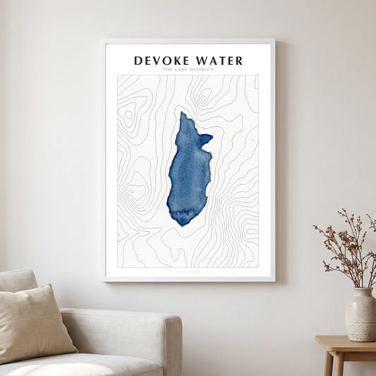 Devoke Water lake map poster in a white frame, hanging in a living