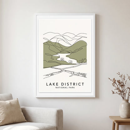 Lake District travel poster in a white frame, hanging in a living2