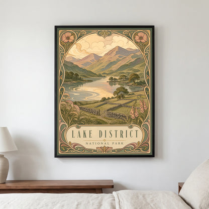 Lake District travel poster in a black frame, hanging in a bedroom3