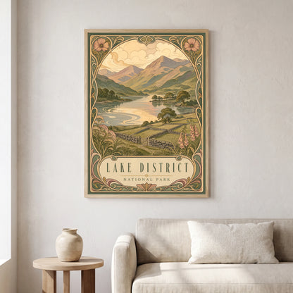 Lake District travel poster in a natural frame, hanging in a living