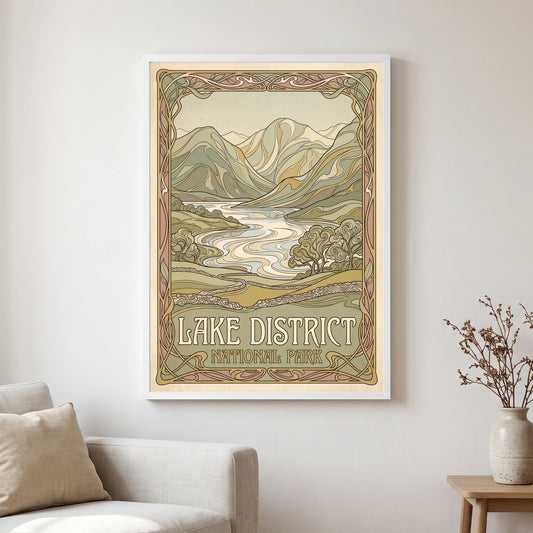 Lake District travel poster in a white frame, hanging in a living2