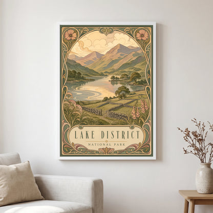 Lake District travel poster in a white frame, hanging in a living2