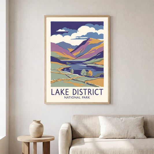 Lake District travel poster in a natural frame, hanging in a living