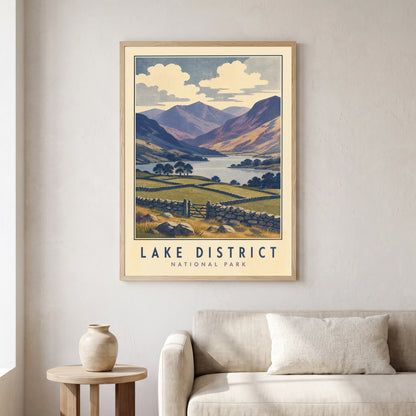 Lake District travel poster in a natural frame, hanging in a living
