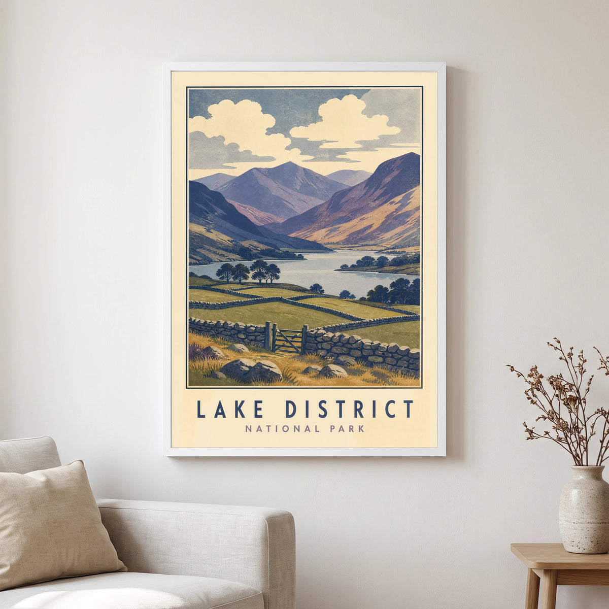 Lake District travel poster in a white frame, hanging in a living2