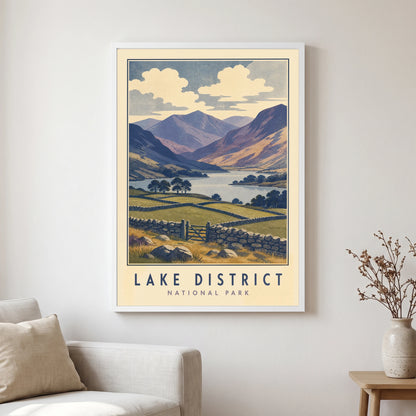 Lake District travel poster in a white frame, hanging in a living2