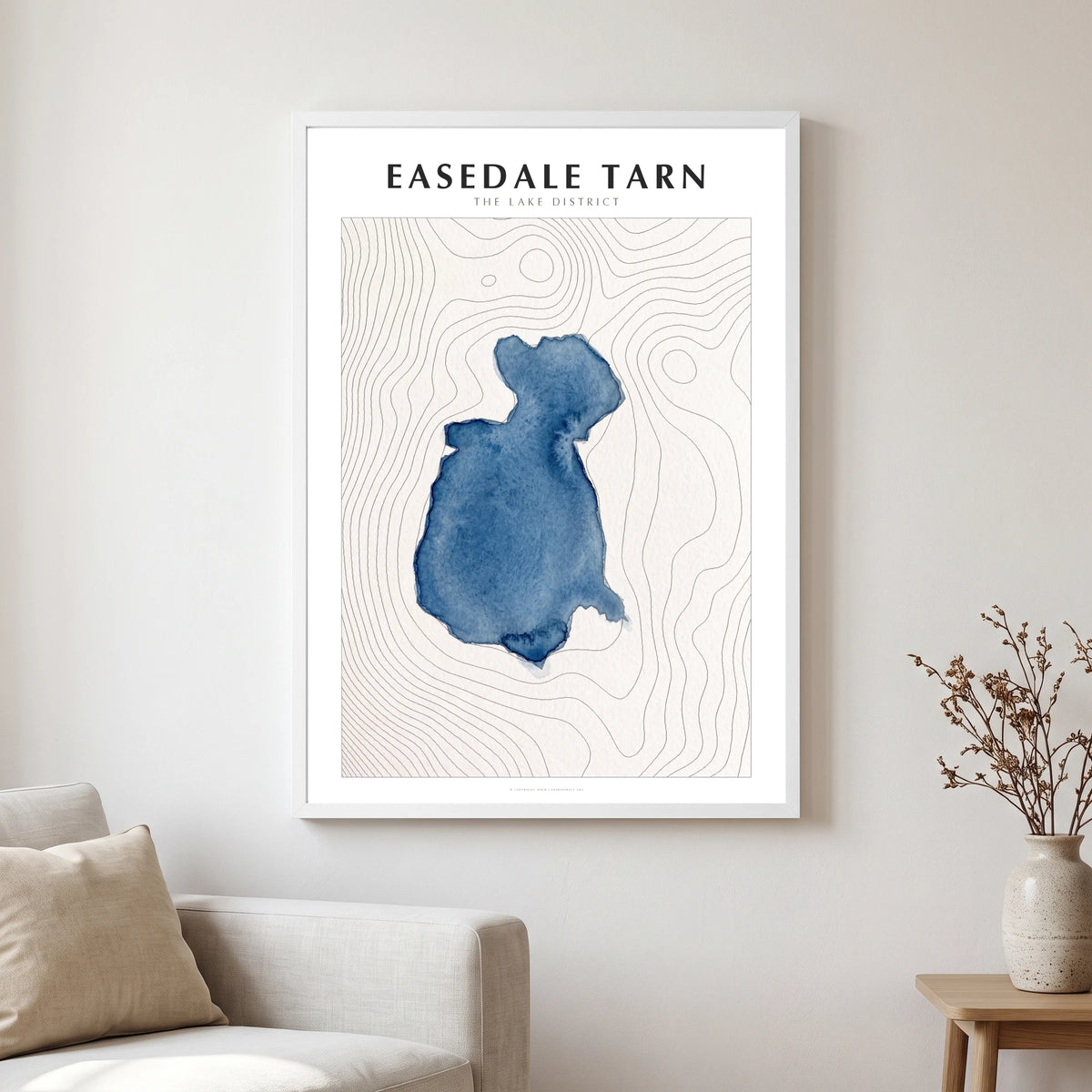 Easedale Tarn lake map poster in a white frame, hanging in a living