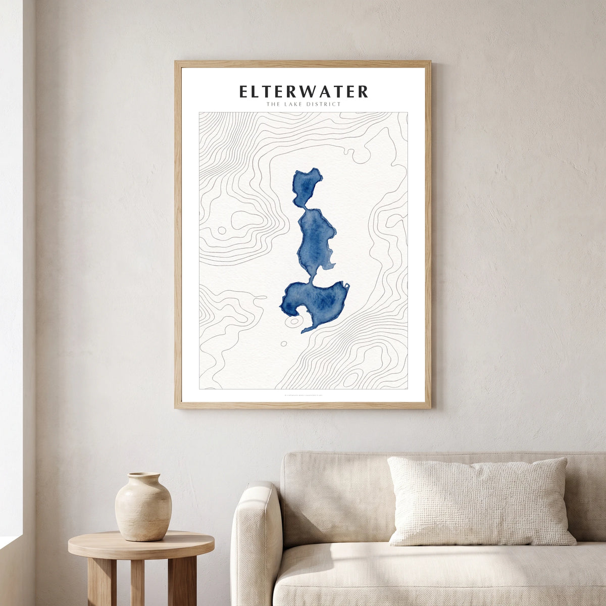 Elterwater lake map poster in a natural frame, hanging in a living