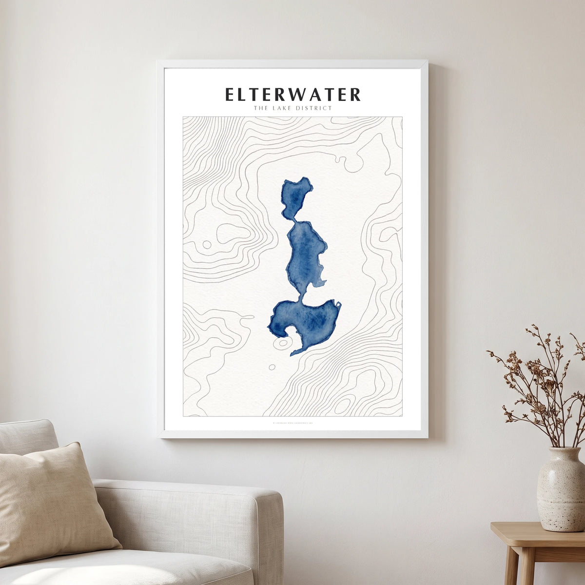 Elterwater lake map poster in a white frame, hanging in a living