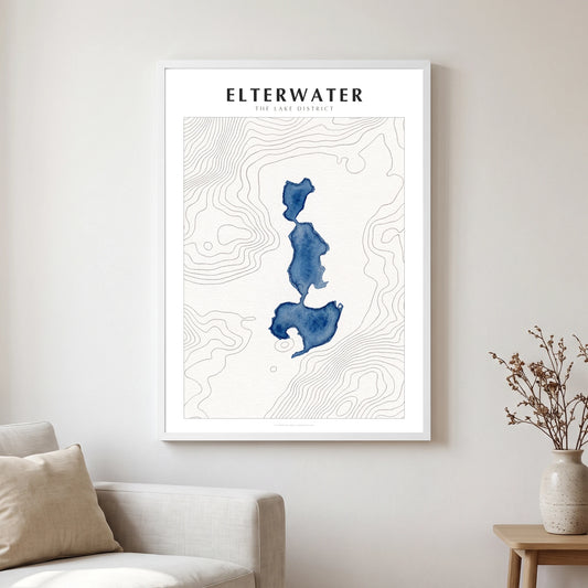 Elterwater lake map poster in a white frame, hanging in a living