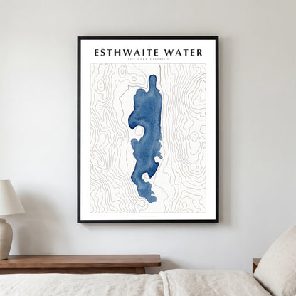Esthwaite Water lake map poster in a black frame, hanging in a bedroom