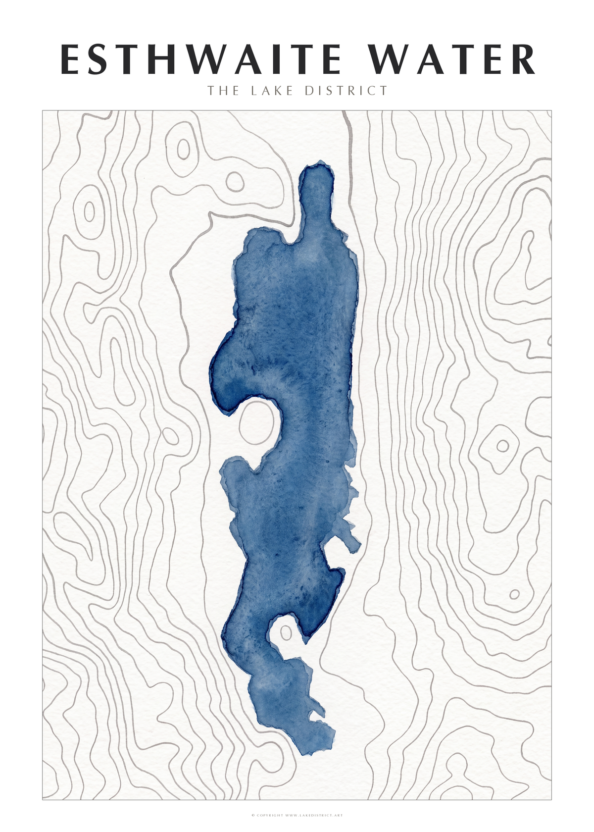 Esthwaite Water watercolour contour map poster, Lake District