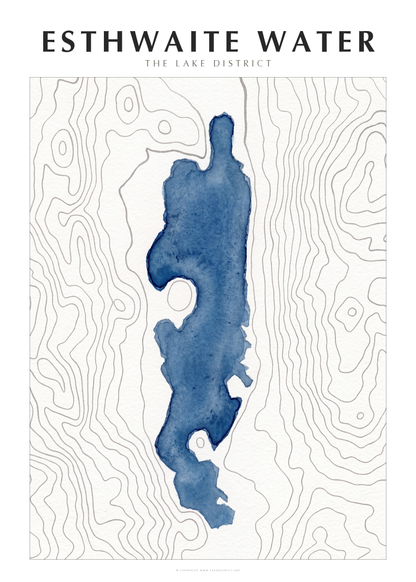 Esthwaite Water watercolour contour map poster, Lake District
