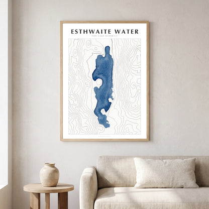 Esthwaite Water lake map poster in a natural frame, hanging in a living