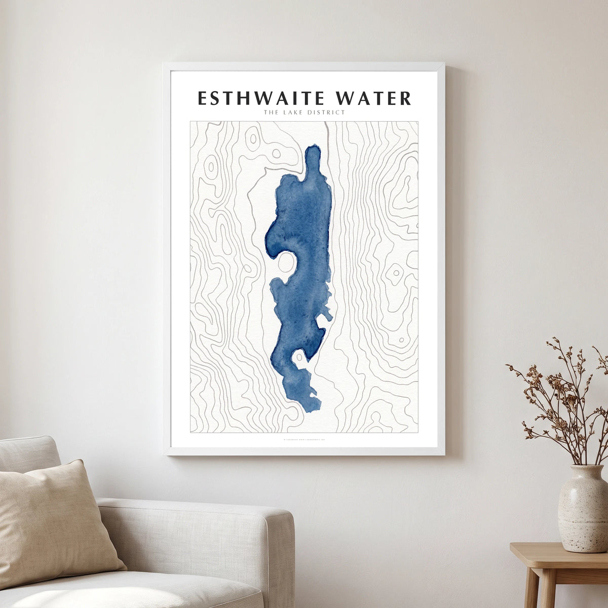 Esthwaite Water lake map poster in a white frame, hanging in a living
