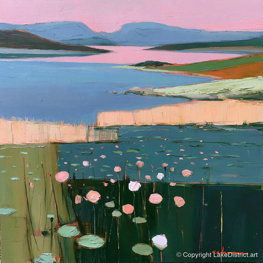 Lake Fells Under Pink Sky - lake district lake art print and canvas by Diana Sutherland A.I
