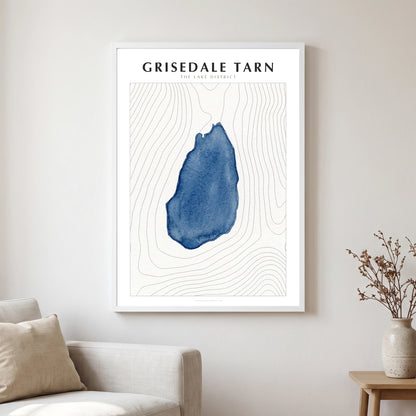 Grisedale Tarn lake map poster in a white frame, hanging in a living