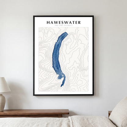 Haweswater lake map poster in a black frame, hanging in a bedroom