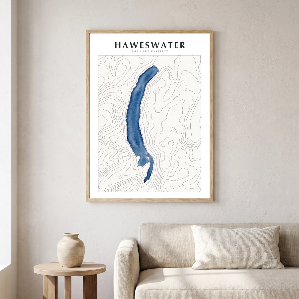Haweswater lake map poster in a natural frame, hanging in a living