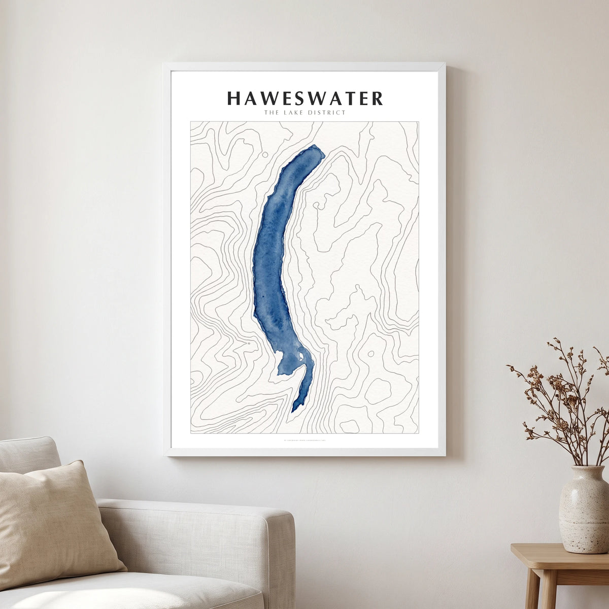 Haweswater lake map poster in a white frame, hanging in a living