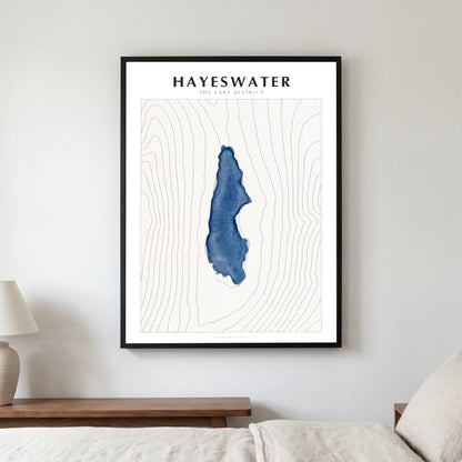 Hayeswater lake map poster in a black frame, hanging in a bedroom