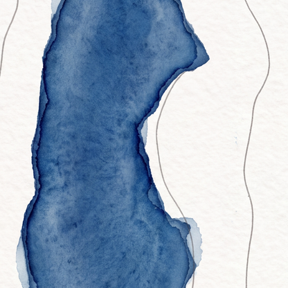 Hayeswater map poster close-up: the watercolour lake and the pen-drawn contour lines