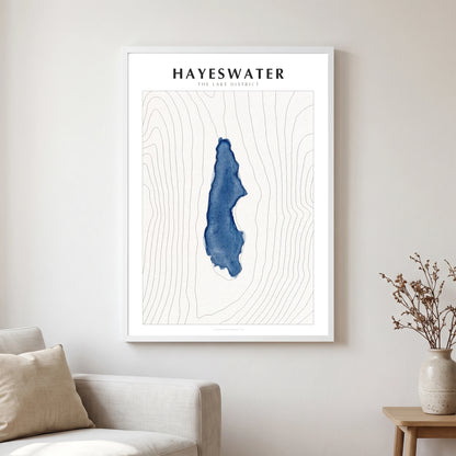 Hayeswater lake map poster in a white frame, hanging in a living