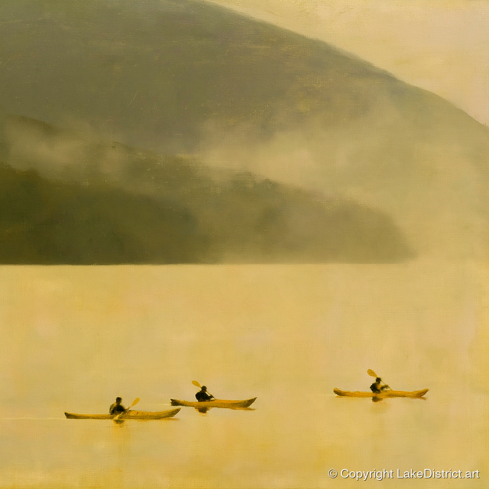 Lake Kayaking in Golden Mist - lake district walking art print and canvas by Vincent Delaney A.I