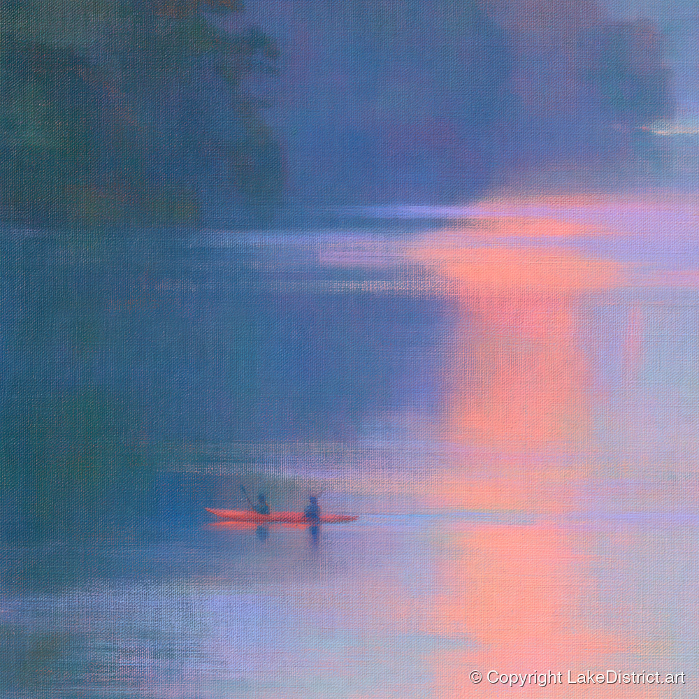 Lake Kayaking in Pink Evening Light - lake district walking art print and canvas by Theodore Vance A.I