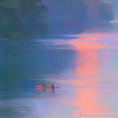 Lake Kayaking in Pink Evening Light - lake district walking art print and canvas by Theodore Vance A.I