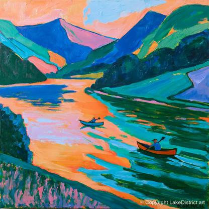 Lake Kayaking in Vivid Colour - lake district walking art print and canvas by Gideon Wright A.I