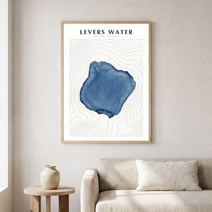 Levers Water lake map poster in a natural frame, hanging in a living