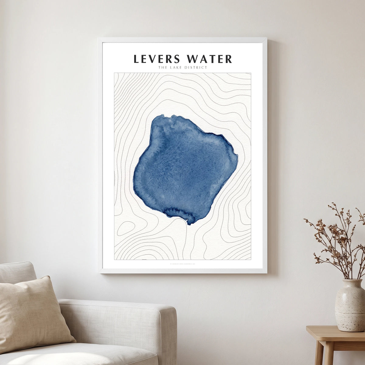 Levers Water lake map poster in a white frame, hanging in a living