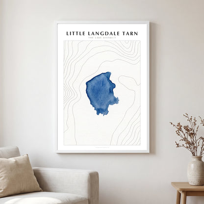 Little Langdale Tarn lake map poster in a white frame, hanging in a living