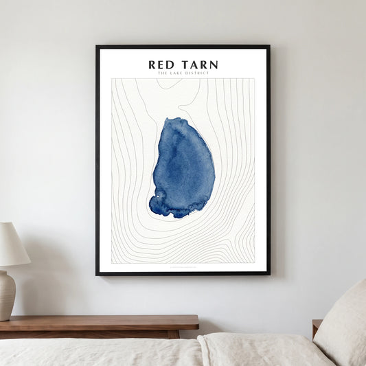 Red Tarn lake map poster in a black frame, hanging in a bedroom
