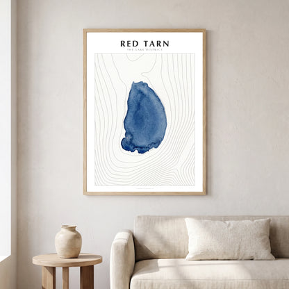 Red Tarn lake map poster in a natural frame, hanging in a living