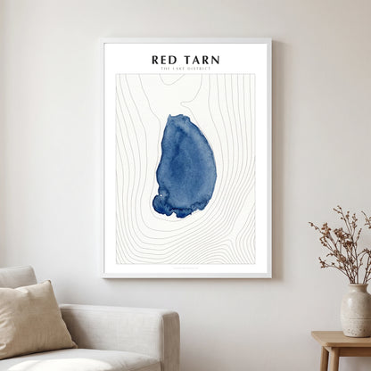 Red Tarn lake map poster in a white frame, hanging in a living