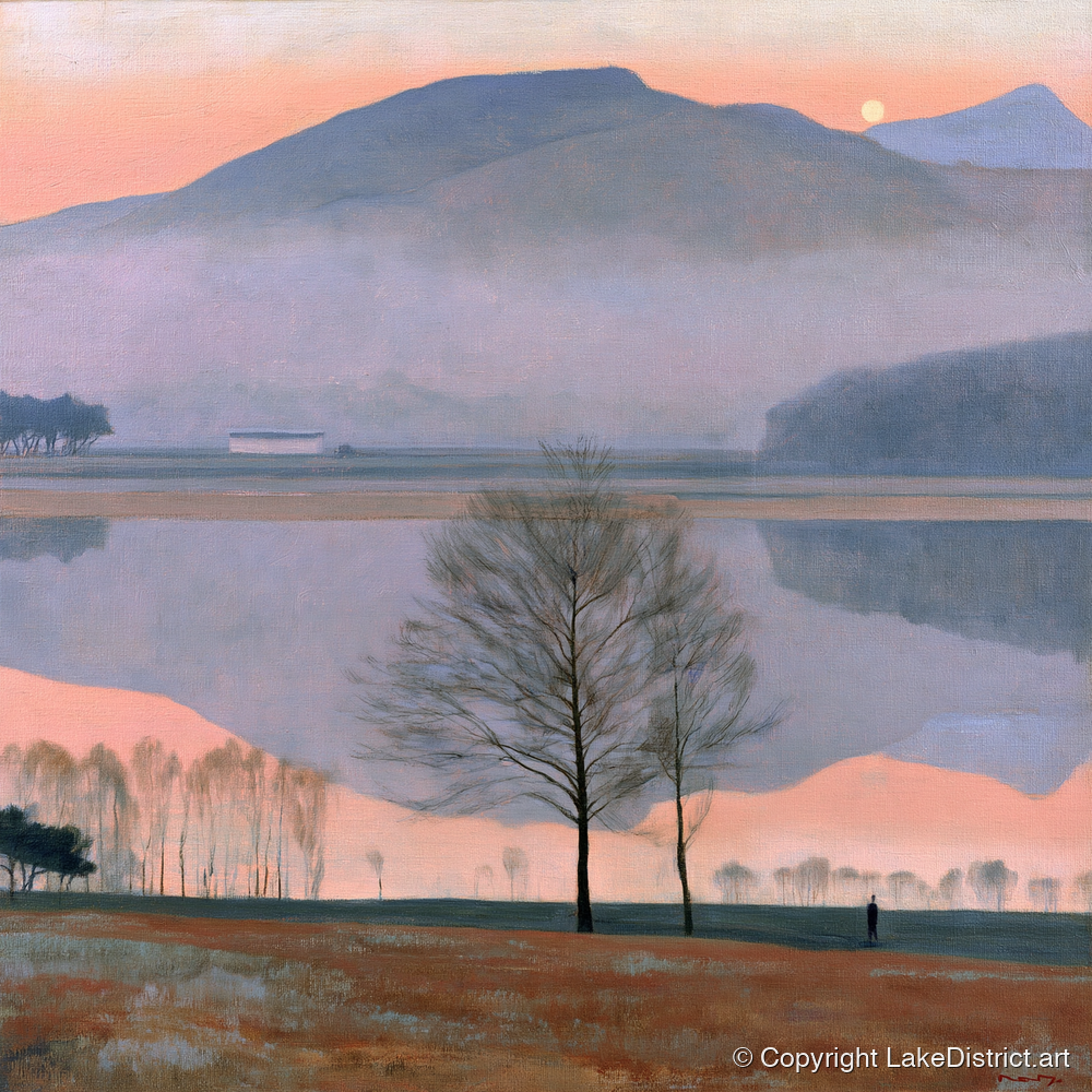 Lake Reflection in Pink Twilight - lake district lake art print and canvas by Alistair Thorne A.I