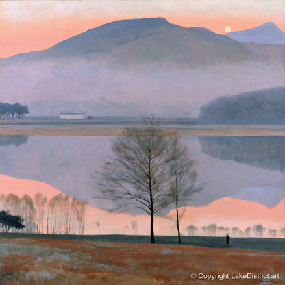 Lake Reflection in Pink Twilight - lake district lake art print and canvas by Alistair Thorne A.I