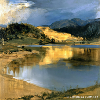 Lake Reflections in Golden Light - lake district lake art print and canvas by Samuel Pembroke A.I