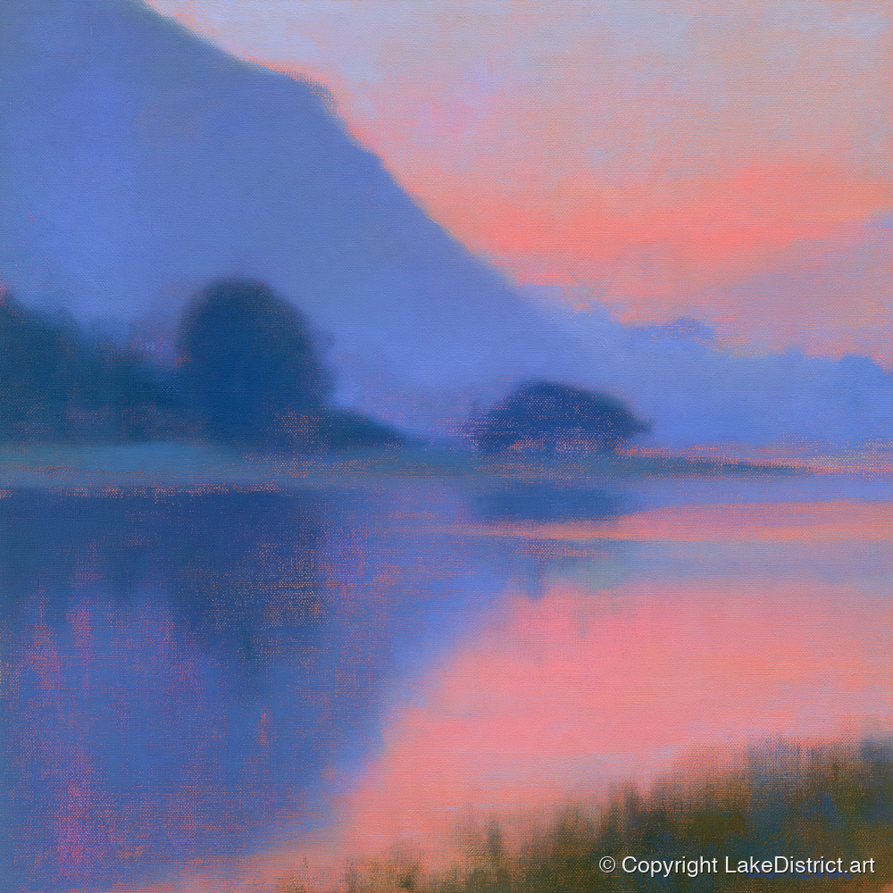 Lake Reflections in Pink Twilight - lake district lake art print and canvas by Theodore Vance A.I