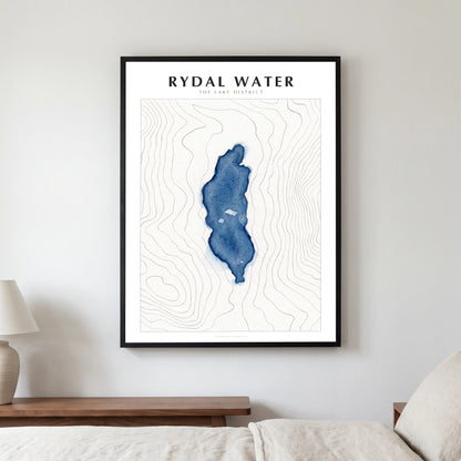 Rydal Water lake map poster in a black frame, hanging in a bedroom