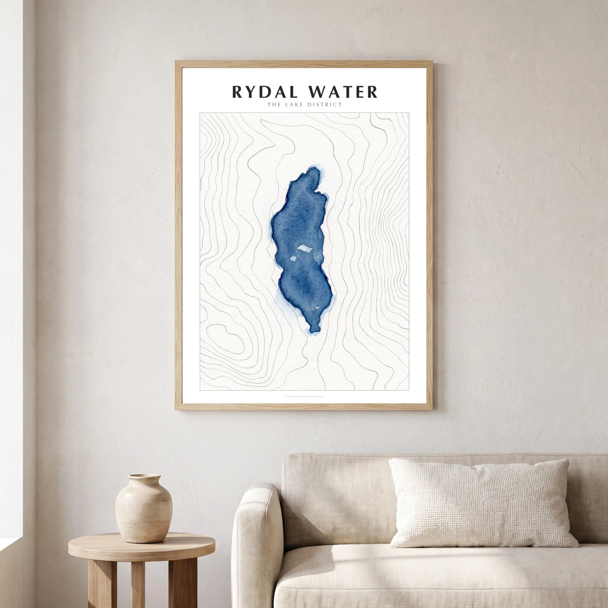 Rydal Water lake map poster in a natural frame, hanging in a living