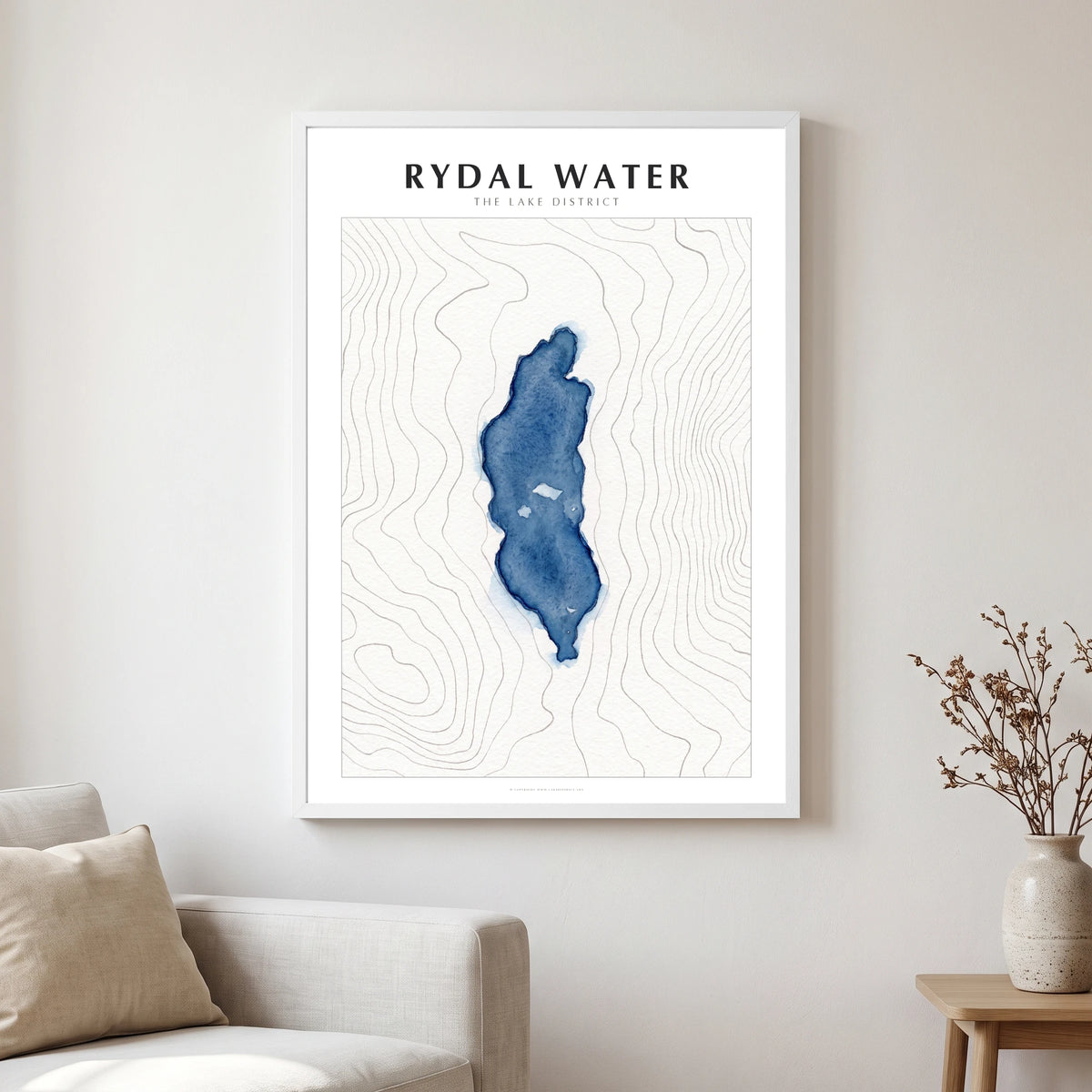 Rydal Water lake map poster in a white frame, hanging in a living